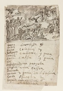 Pagina uit een schetsboek - toont een scène van een crematie door Jan van der Straet